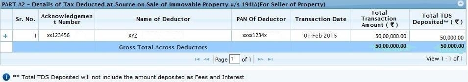 part A2- Details of deducted at source o sale of Immovable Property u/s 194IA(For seller of property)